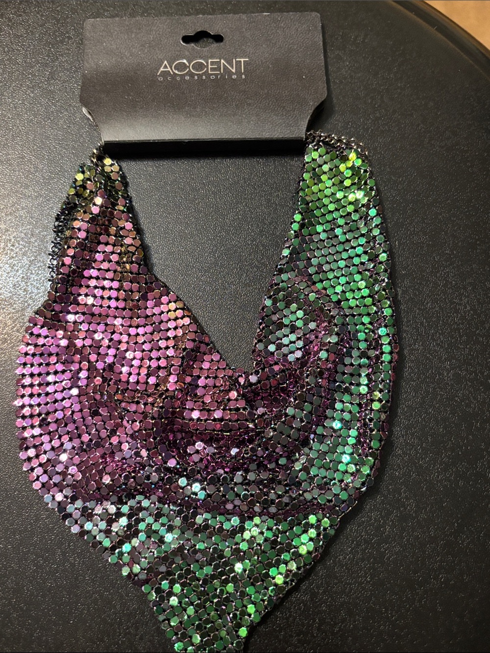 Iridescent Green & Purple Sequin Mesh Chainmail Bib Necklace